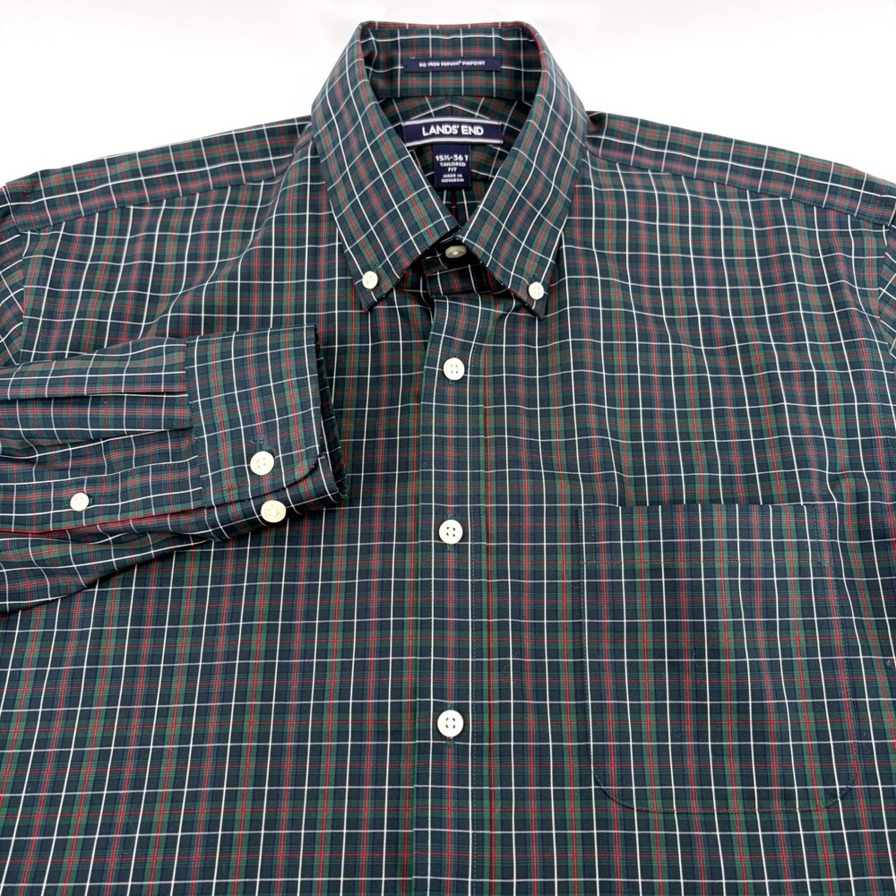 Lands End Mens 15.5-36 Tailored Fit No Iron Supima Cotton Plaid Shirt Green Red